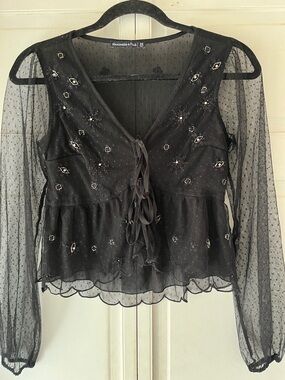 Abercrombie & Fitch Black Sheer Embellished Tie-Front Blouse